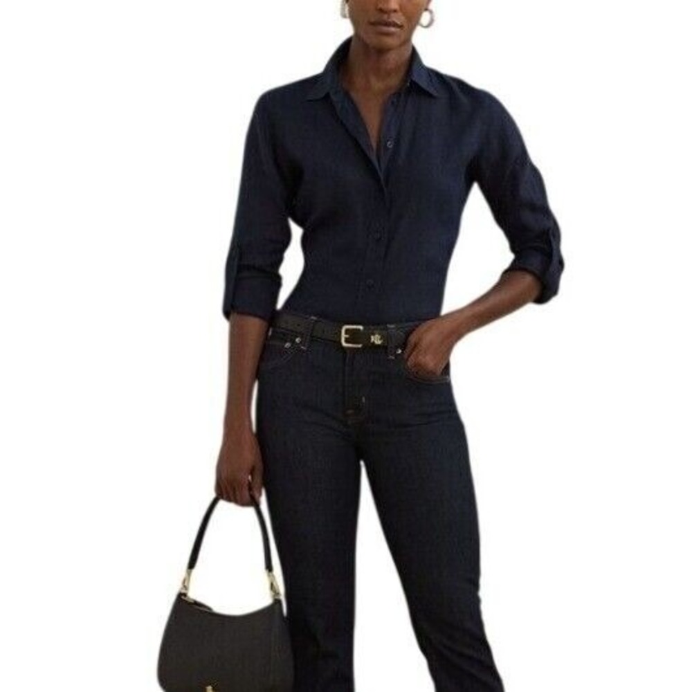 Lauren Ralph Lauren Relaxed Fit 100% Linen Roll Tab Sleeves Shirt Navy Women XL - Picture 9 of 13